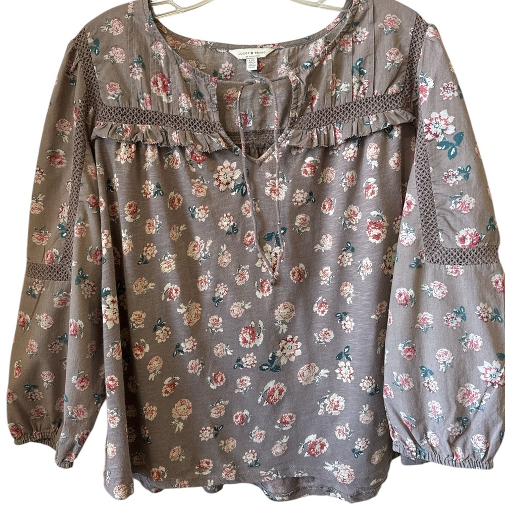 Lucky Brand Women's 3/4 Sleeve Brown Pull-On Floral Print Peasant Top-Sz L